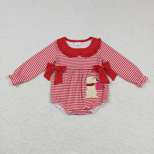 LR0763 Valentine Love Red Dog  Embroidery  Girls Long Sleeve Romper