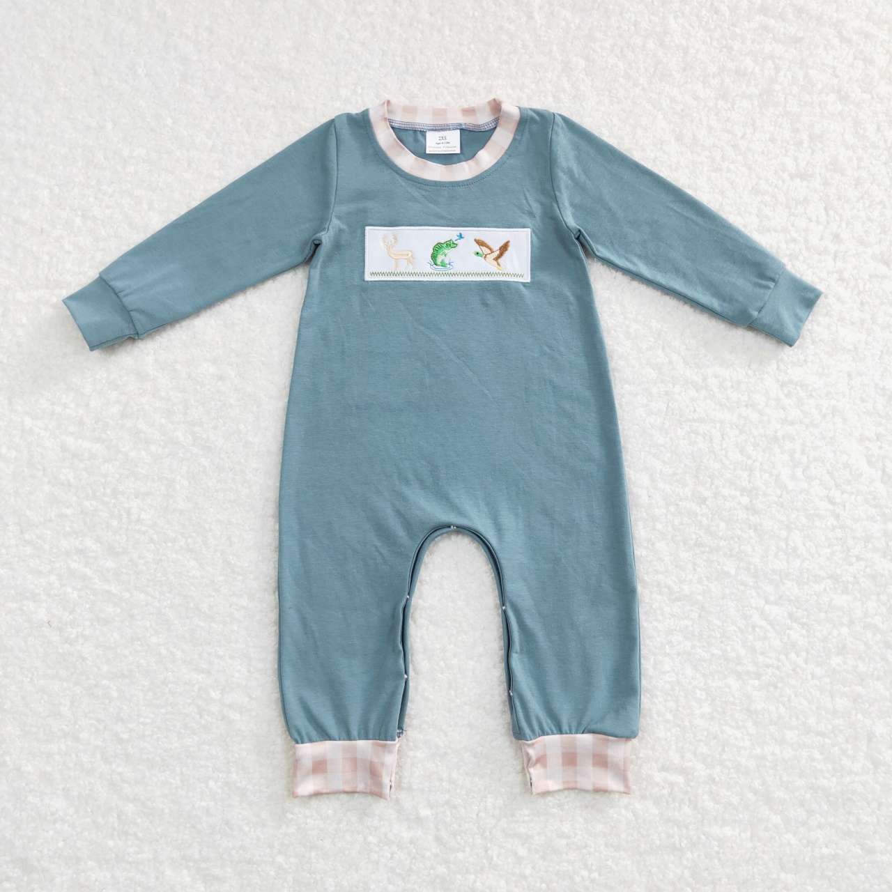 LR0728  Blue Deer Fish Bird  Embroidery  Boys Long Sleeve Romper