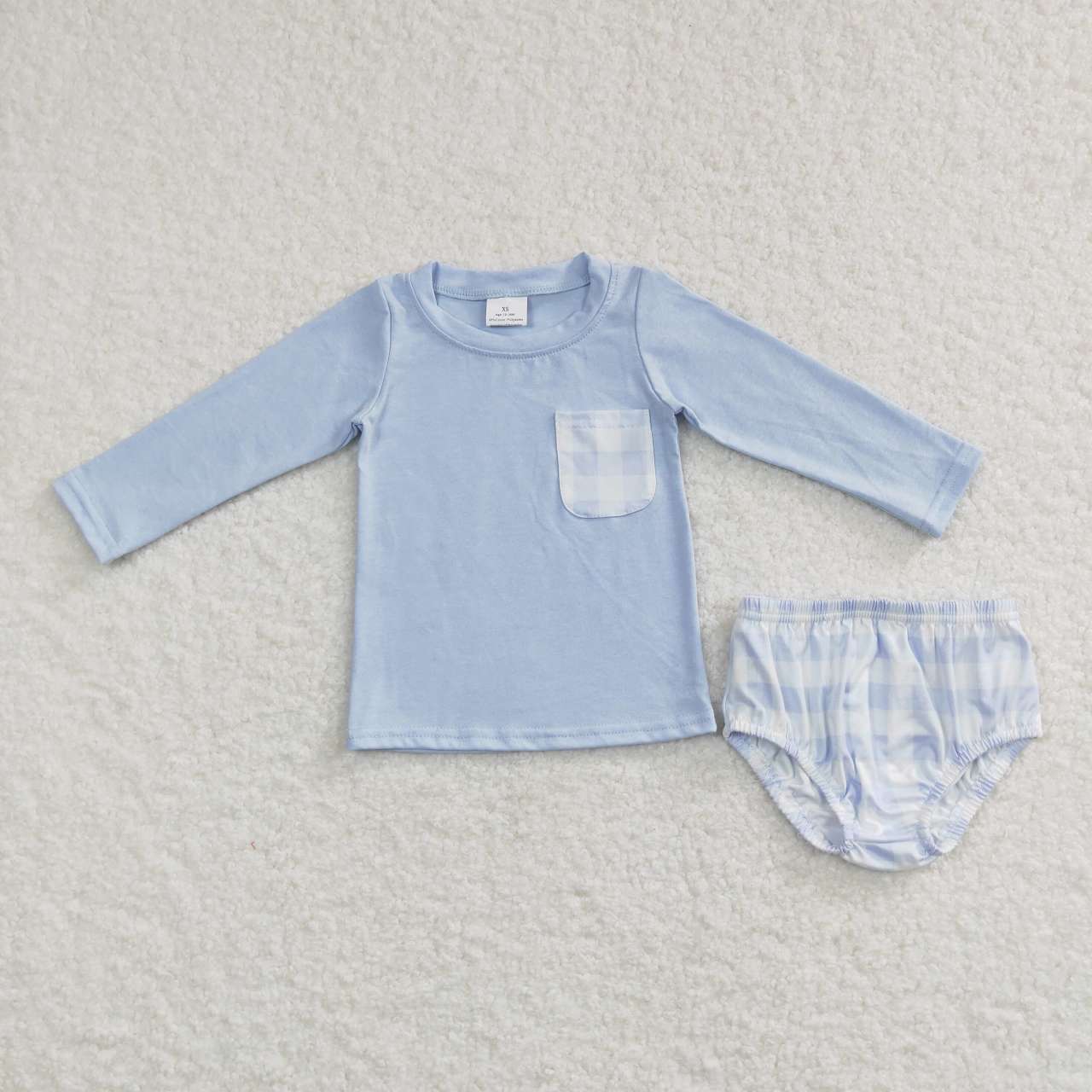 GBO0194   Blue Plaid  Boys Long Sleeve Bummies Outfits