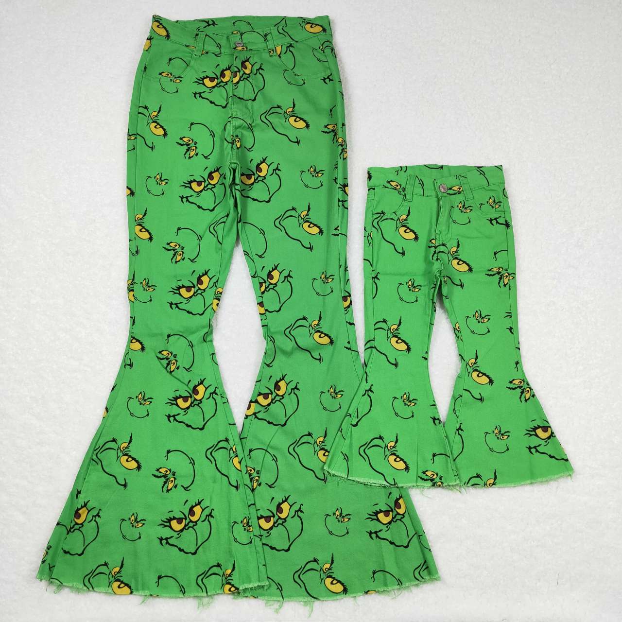 P0323 Adult Christmas Green Cartoon Girls Bell Pants Denim Jeans