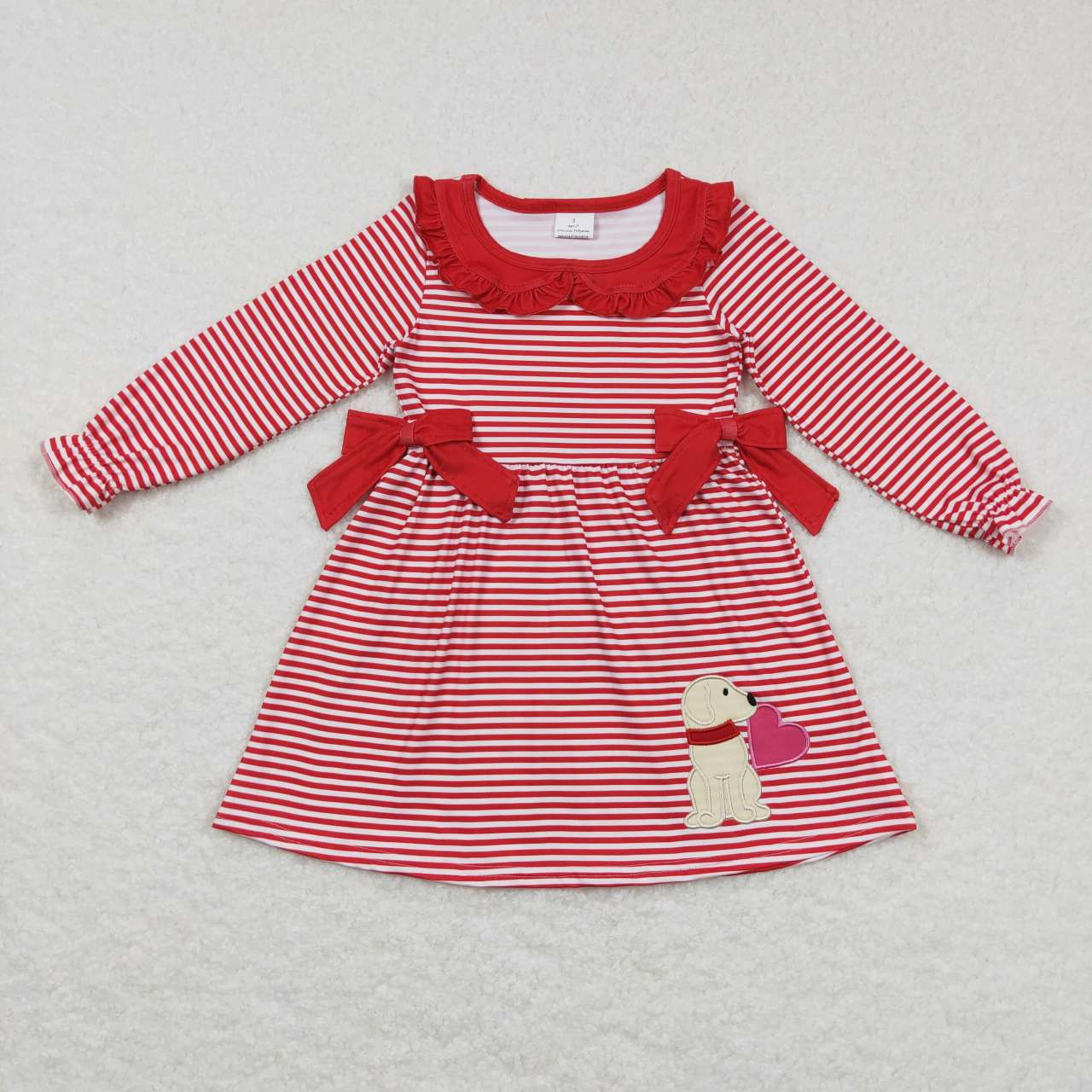 GLD0448  Valentine Love Red Dog  Embroidery  Girls Long Sleeve Dresses