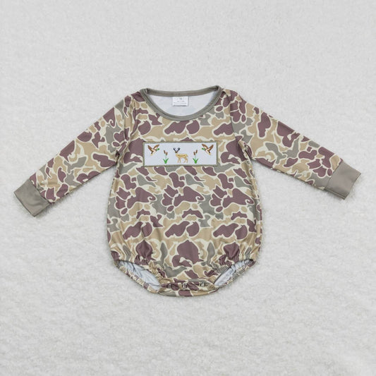 LR0714 Green Camo Deer Bird  Embroidery  Girls Long Sleeve Romper