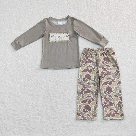 BLP0368 Green Camo Deer Bird  Embroidery Boys Long Sleeve Pants Outfits