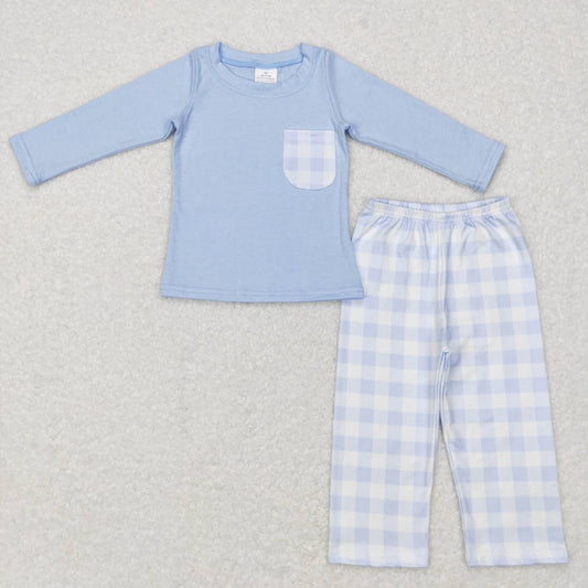 BLP0407  Blue Plaid Pocket Boys Long Sleeve Pants Outfits