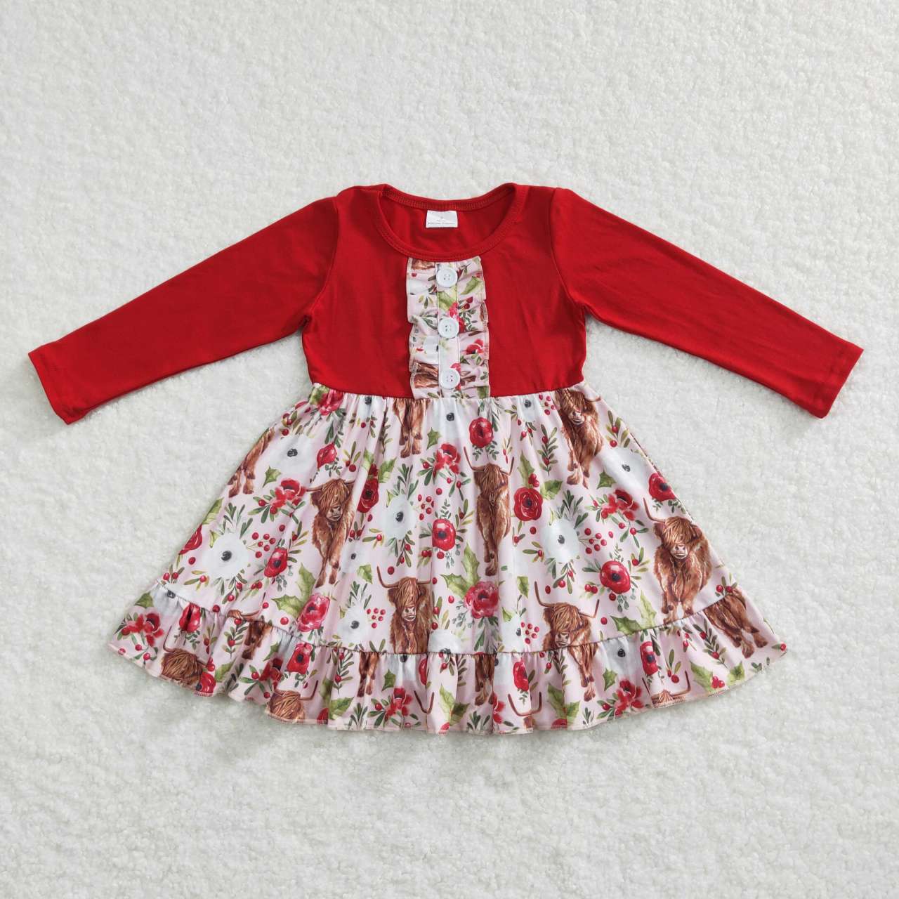 GLD0322 Red Highland Cow Floral  Girls Long Sleeve Dresses