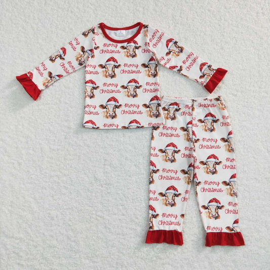 GLP0866  Merry Christmas Cow Red Girls Long Sleeve Pants Outfits Pajamas