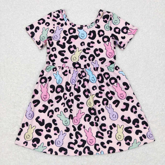 GSD0508 Pink Leopard Rabbit Cartoon Girls Flutter Sleeve Dresses