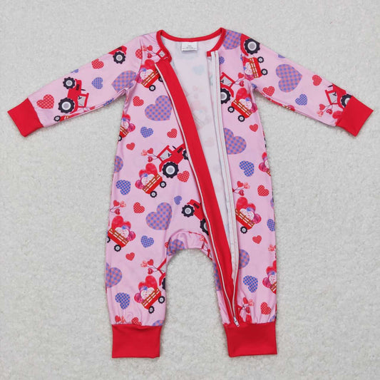 LR0774  Valentine Pink Love  Zipper Girls Long Sleeve Romper