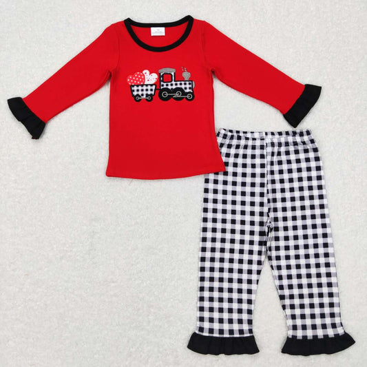 GLP0909 Valentine Love Red Plaid Embroidery  Girls Long Sleeve Pants Outfits