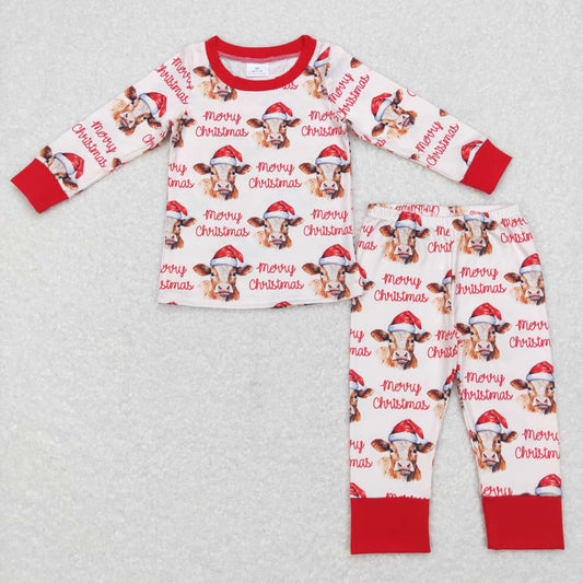 BLP0388   Merry Christmas Cow Red Boys Long Sleeve Pants Outfits Pajamas