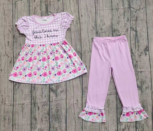 NO MOQ preorder GSPO2129 Embroidered Easter jesus loves me this i know Flower Purple Plaid Puff Short Sleeve Top Pink Pants Girls Set 202511