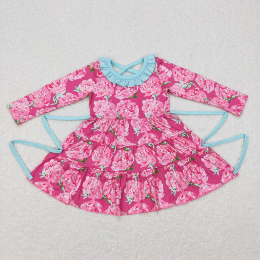 GLD0407 Pink Floral Blue Belt  Girls Long Sleeve Dresses