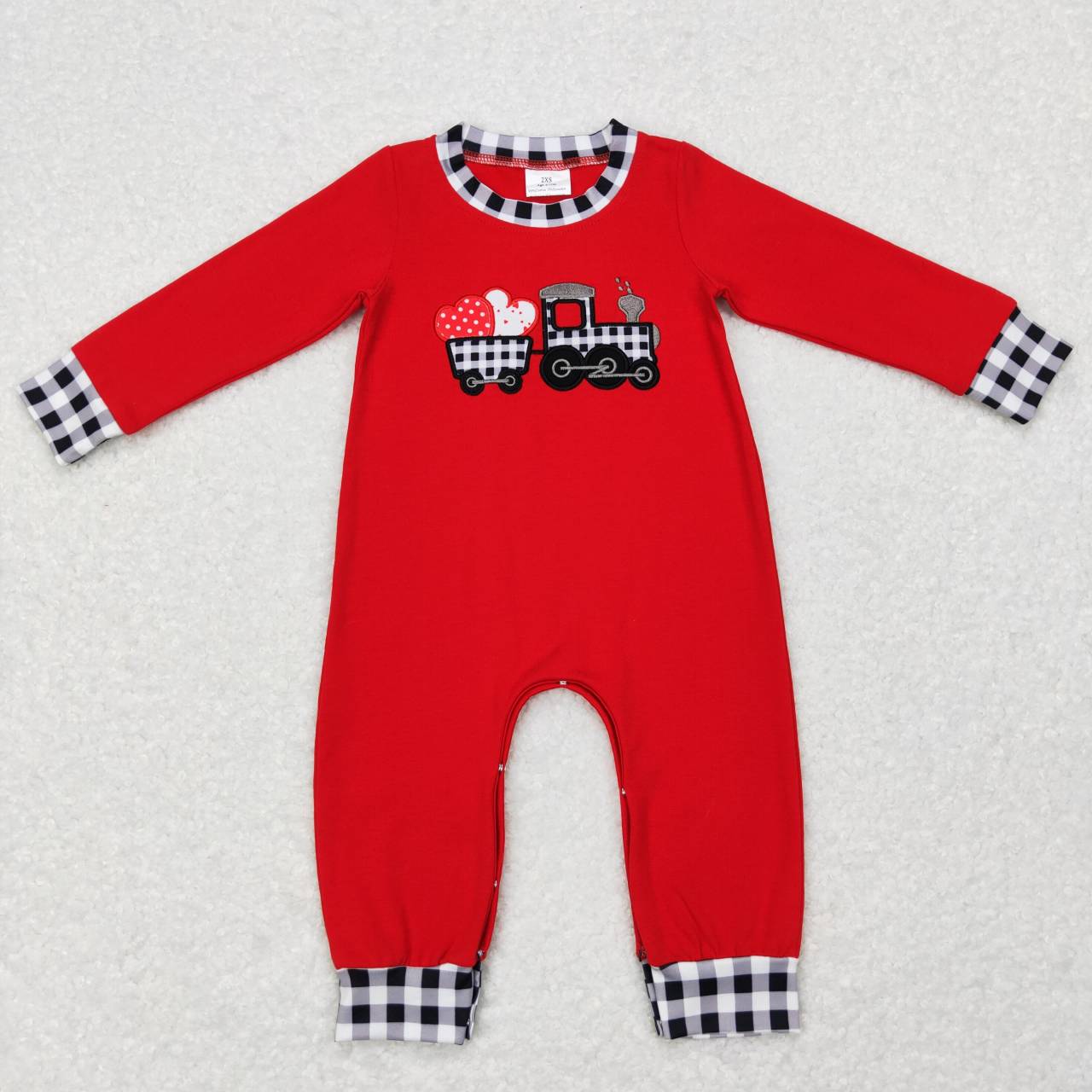 LR0783  Valentine Love Red Plaid Embroidery    Girls Long Sleeve Romper