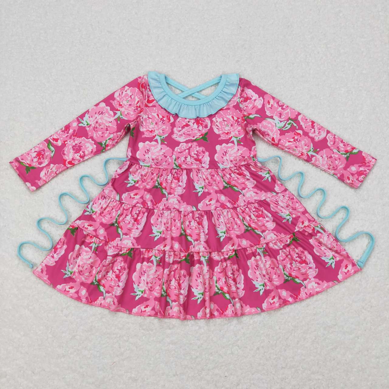 GLD0407 Pink Floral Blue Belt  Girls Long Sleeve Dresses