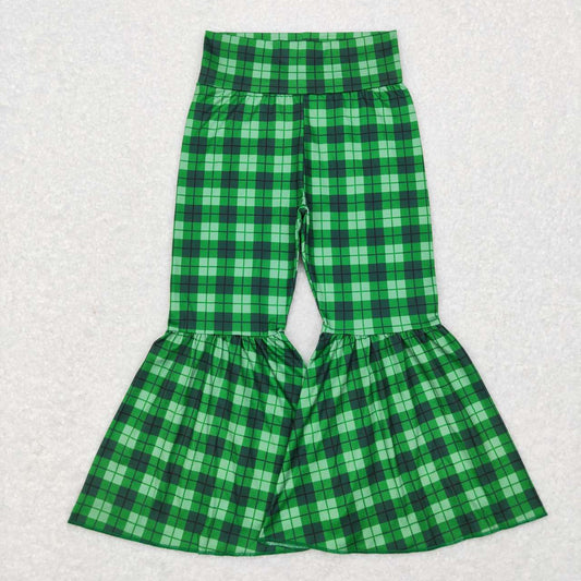 P0341  Green Plaid  Girls Legging Long Pants Bell Bottom