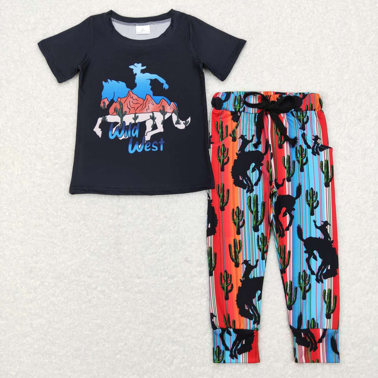 BSPO0138  Black Blue Rodeo Cowboy Wild West  Boys Short Sleeve Pants Outfits