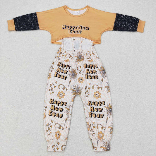 GLP0917 Happy New Year Yellow Jumpsuit Overall Girls Long Sleeve Bell Bottom Pants Outfits