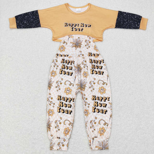 GLP0917 Happy New Year Yellow Jumpsuit Overall Girls Long Sleeve Bell Bottom Pants Outfits