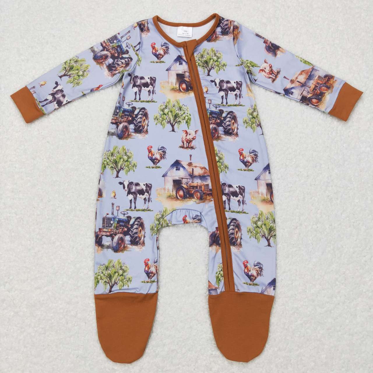 LR0632 Brown Farm Cow Chicken Zipper Girls Long Sleeve Romper