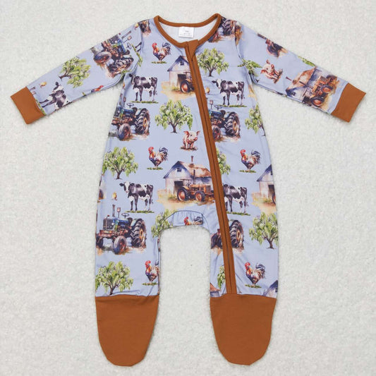 LR0632 Brown Farm Cow Chicken Zipper Girls Long Sleeve Romper