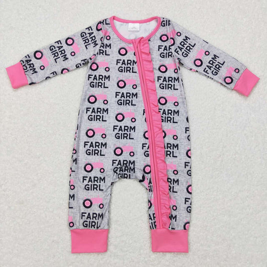 LR0687   Pink Farm girl Truck Zipper Girls Long Sleeve Romper