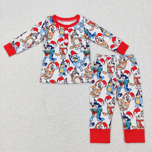 BLP0413 Christmas Red Blue Dog Cartoon Boys Long Sleeve Pants Outfits Pajamas