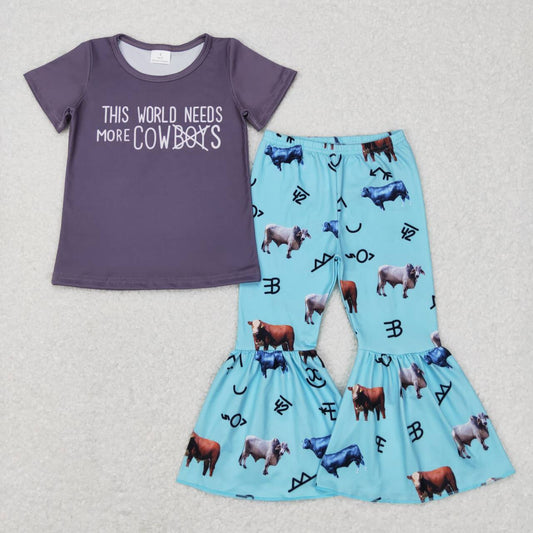 GSPO0939  this world needs more cowboys cow blue  Girls Short Sleeve Bell Bottom Pants Outfits