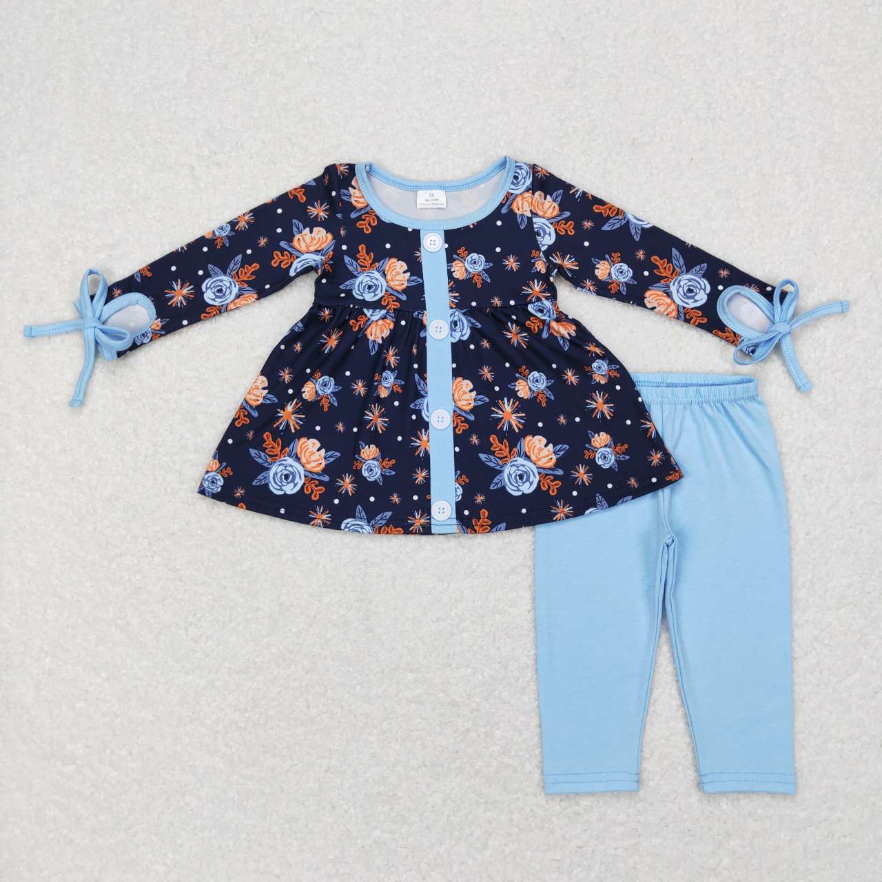 GLP0756  Blue Floral Bow  Girls Long Sleeve Pants Outfits