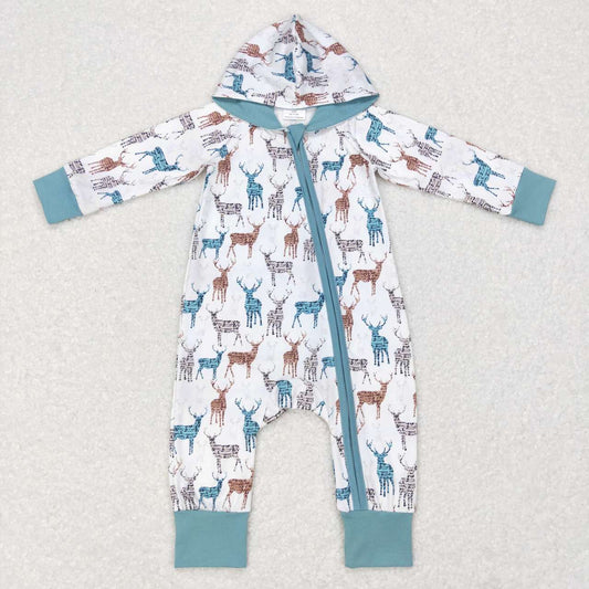 LR0776 Blue Deer Western Zipper Hoodies Girls Long Sleeve Romper