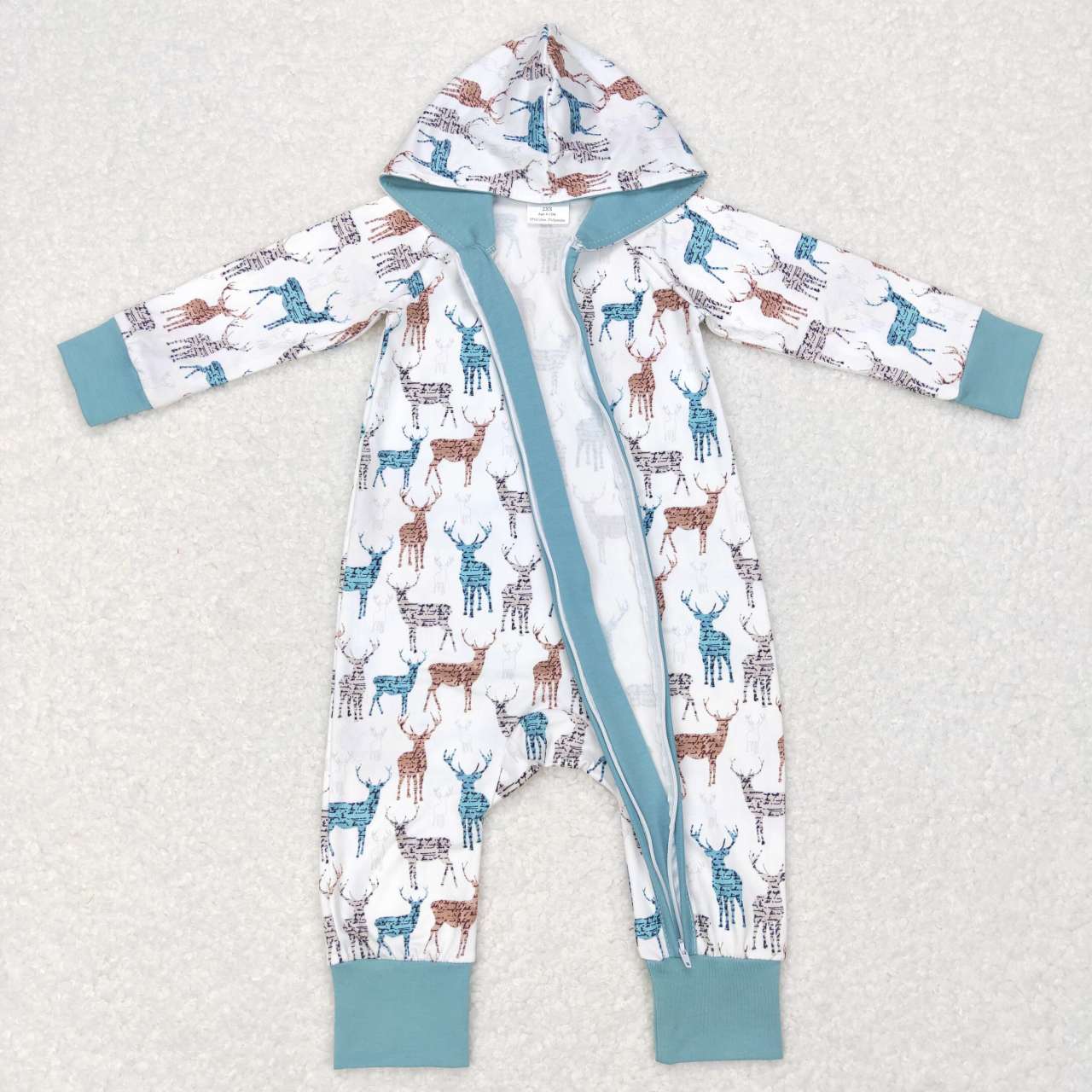 LR0776 Blue Deer Western Zipper Hoodies Girls Long Sleeve Romper