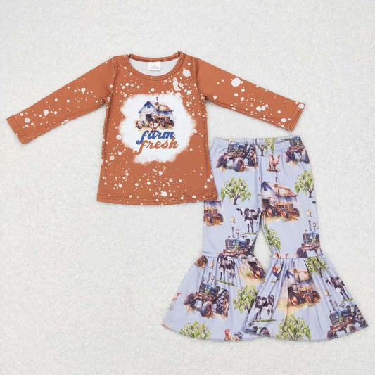 GLP0728  Brown Farm Truck Girls Long Sleeve Pants Outfits