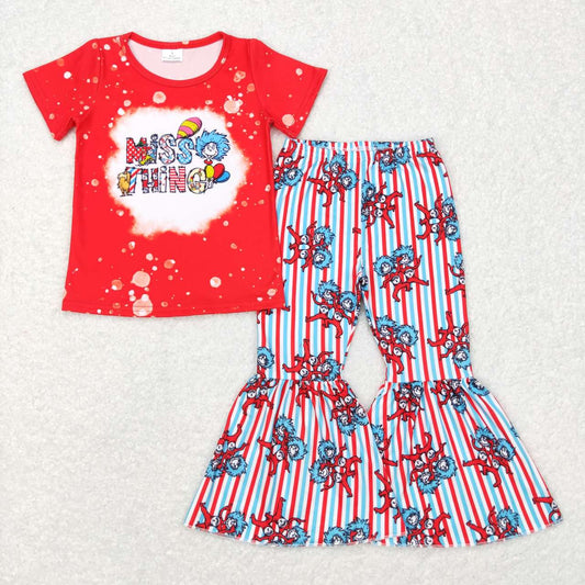 GSPO0917  Christmas Red blue cartoon hat cat miss thing  Girls Short Sleeve Bell Bottom Pants Outfits