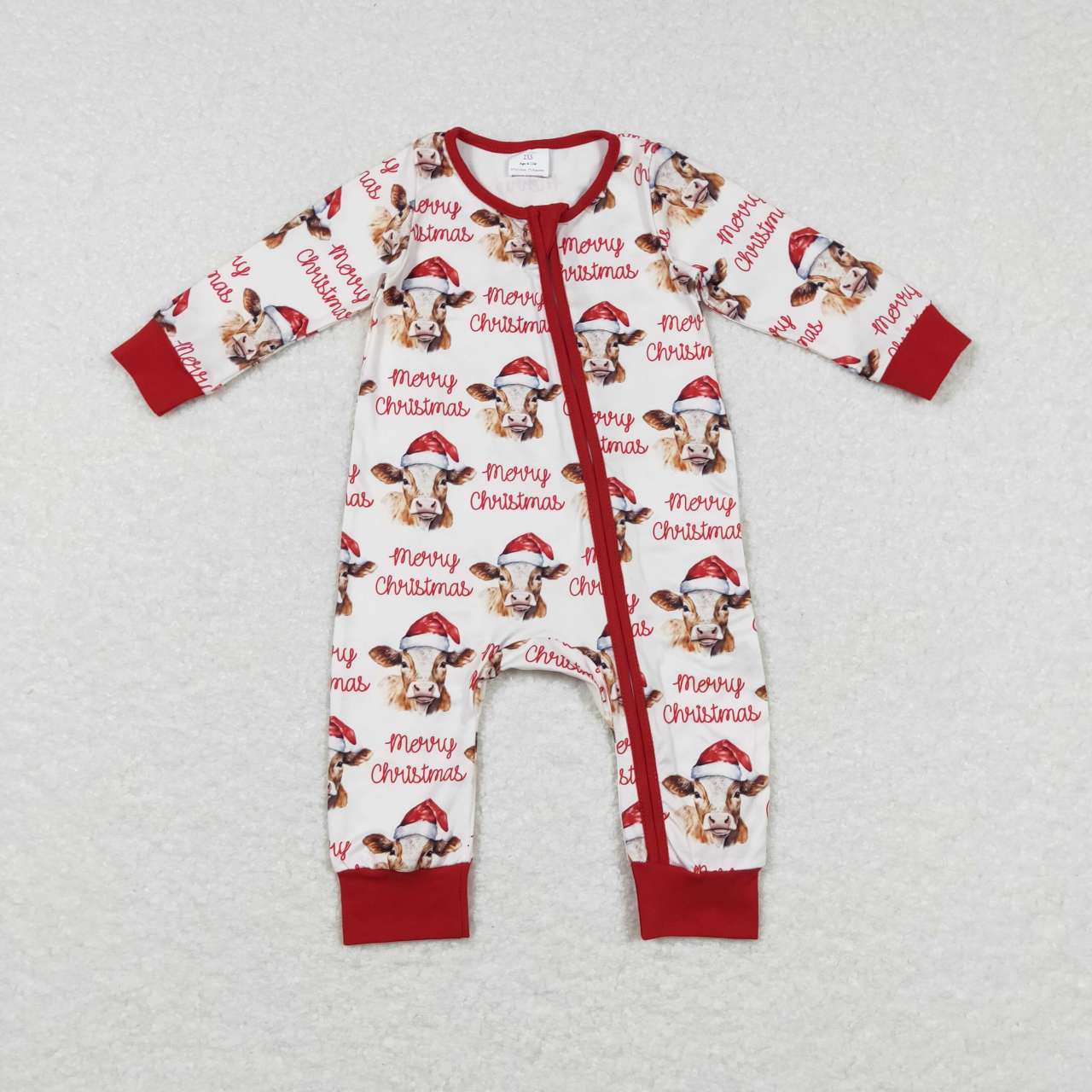 LR0739 Merry Christmas Red Cow Zipper Girls Long Sleeve Romper