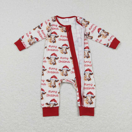 LR0739 Merry Christmas Red Cow Zipper Girls Long Sleeve Romper