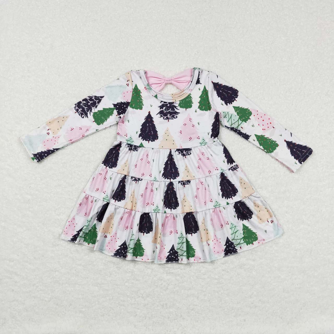 GLD0468  Christmas Pink Green Tree Ruffles  Girls Long Sleeve Dresses