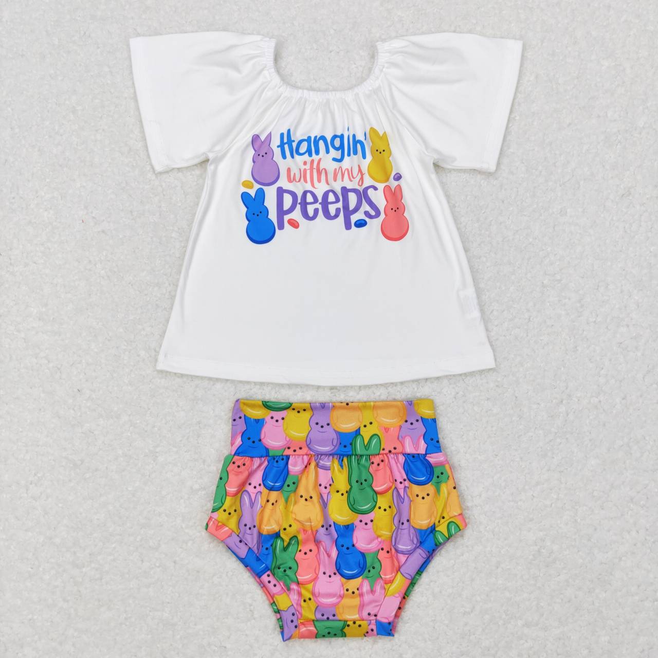 GBO0195 Easter rabbit hangin with my peeps Blue Girls Long Sleeve Bummies Outfits