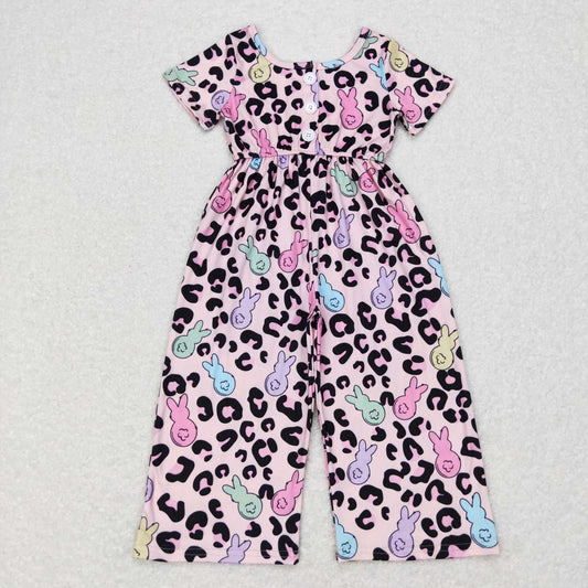 SR0481  Easter Rabbit purple leopard Girls Short Sleeve Jumpsuit Overall Pants