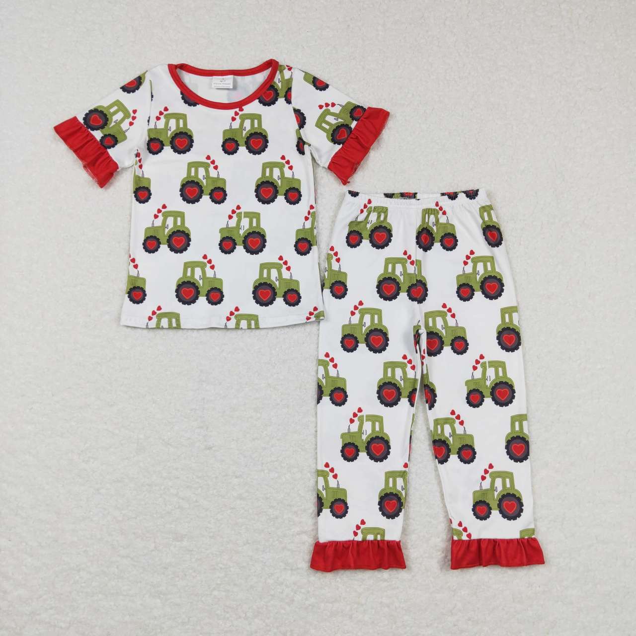 GSPO0978 Valentine Love Red Green Truck Farm Girls Short Sleeve Bell Bottom Pants Outfits Pajamas