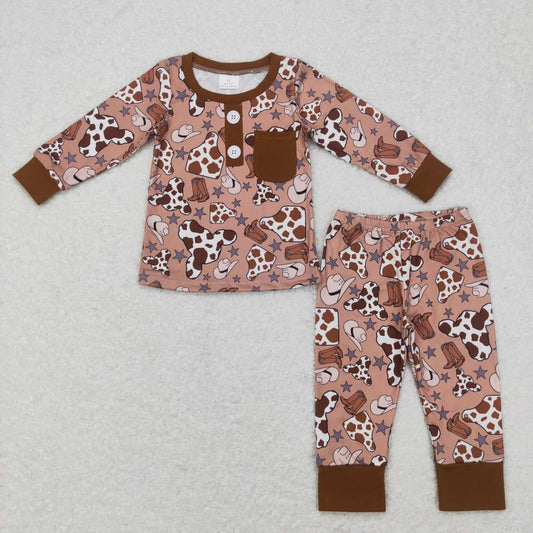 BLP0347  Brown cow print cowboy Girls Long Sleeve Pants Outfits Pajamas