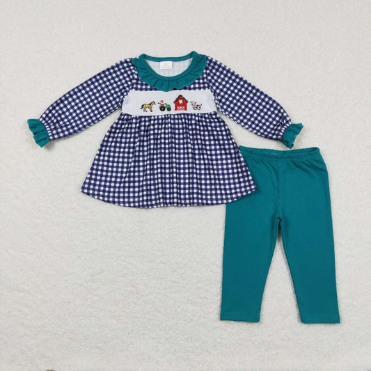 GLP0885 Blue farm plaid  Embroidery Girls Long Sleeve Pants Outfits