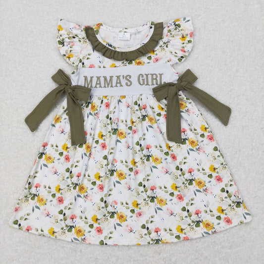 GSD0507  mama's girl green floral bows  Embroidery Girls Flutter Sleeve Dresses