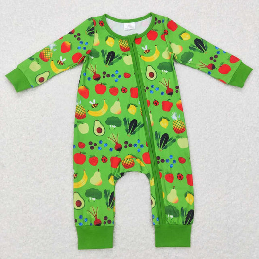 LR0781 green apple banana bear fruit Zipper Girls Long Sleeve Romper