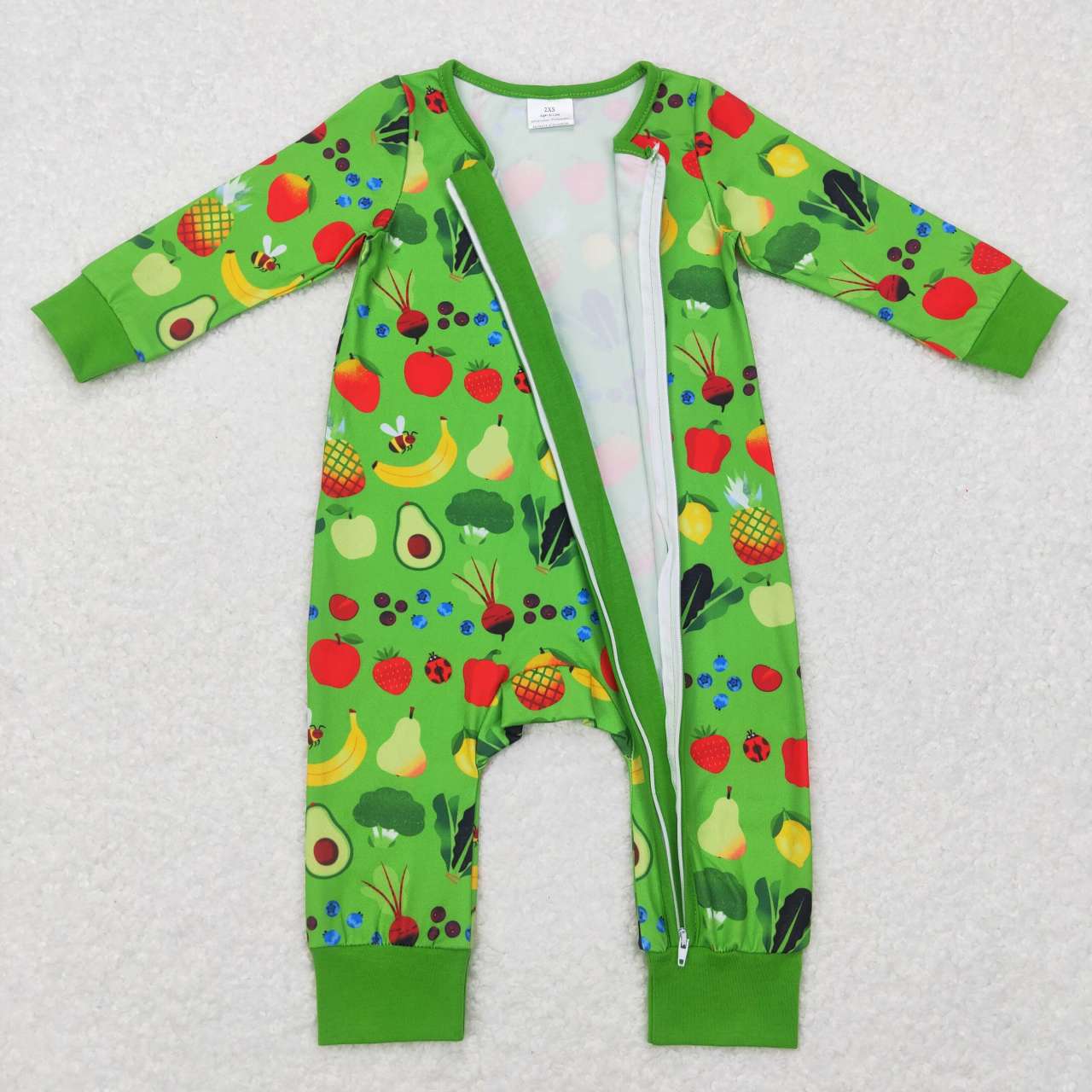 LR0781 green apple banana bear fruit Zipper Girls Long Sleeve Romper