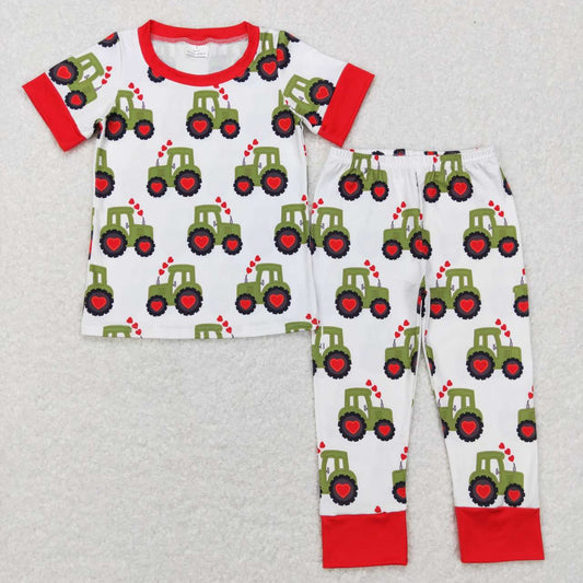 BSPO0200 Valentine Love Red Green Truck Farm Boys Short Sleeve Bell Bottom Pants Outfits Pajamas