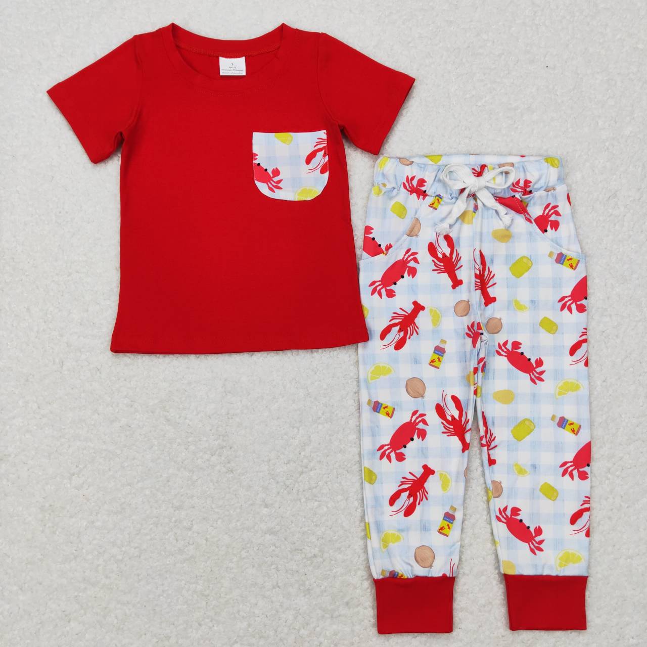 BSPO0189  Red crawfish  Pocket Boys Short Sleeve Pants Outfits