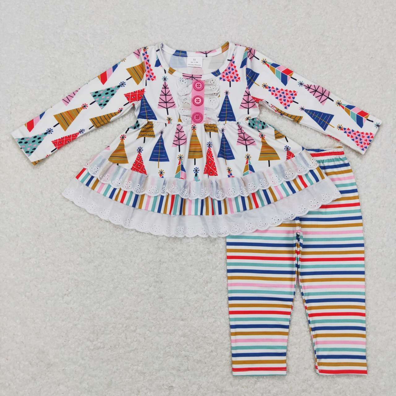 GLP0953 Christmas blue tree Tunic Girls Long Sleeve Pants Outfits