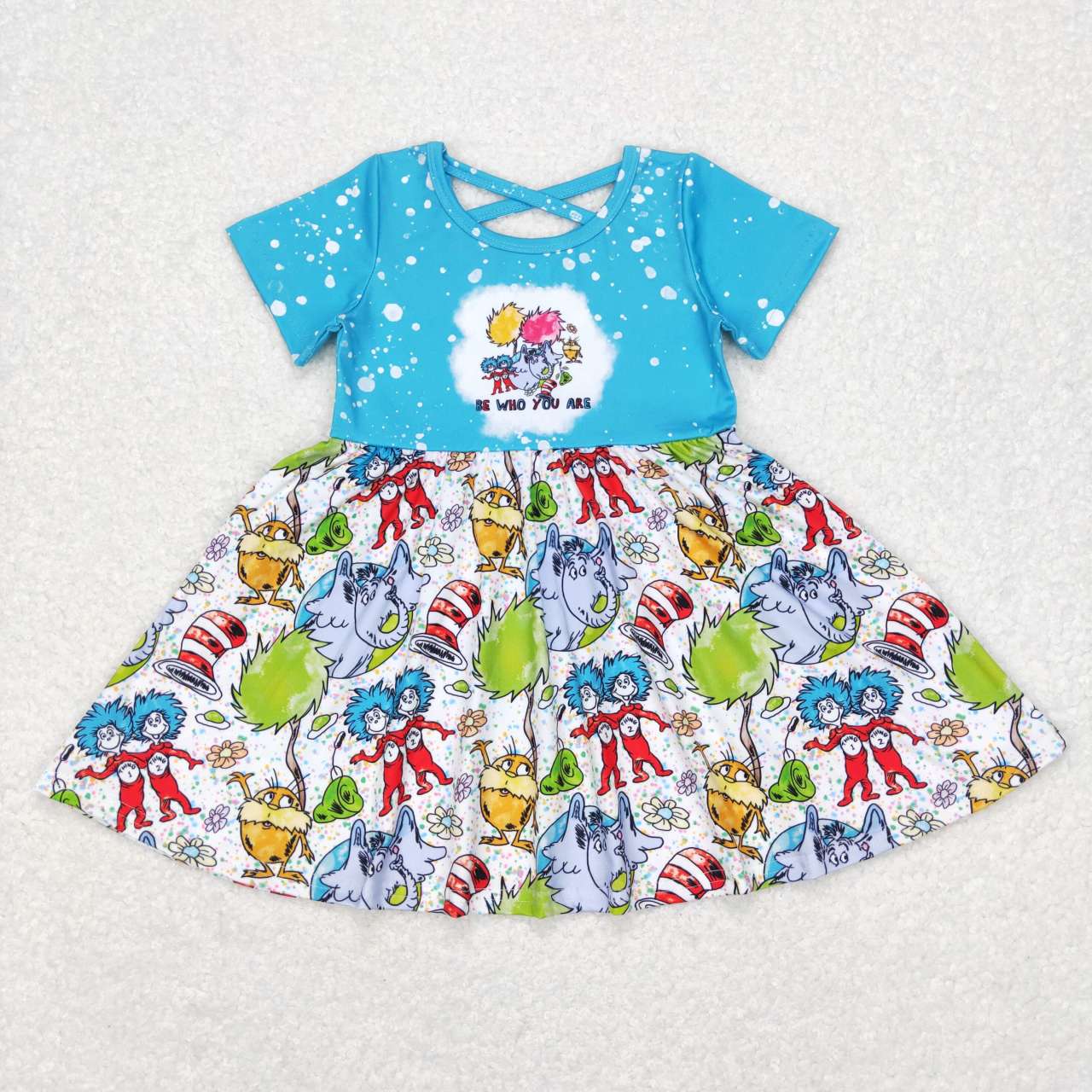 GSD0495 Blue Cartoon Hat Cat Dr  Girls Short Sleeve Dresses