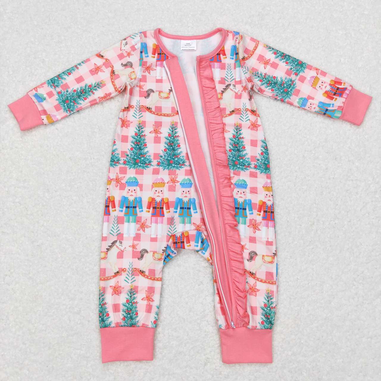 LR0665 Christmas Pink Tree Zipper Girls Long Sleeve Romper