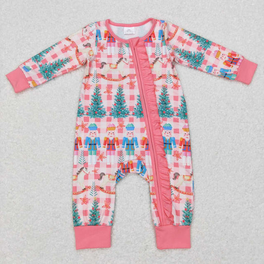 LR0665 Christmas Pink Tree Zipper Girls Long Sleeve Romper