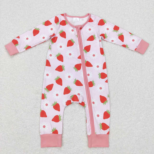 LR0795  Strawberry Pink  Zipper Girls Long Sleeve Romper